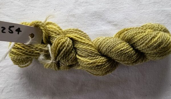 skein of mottled yellow and green yarn on a white background