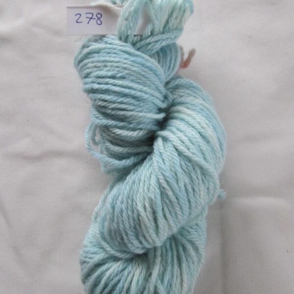 turquoise blue with paler areas skein of aran weight yarn on a white background with a label 278