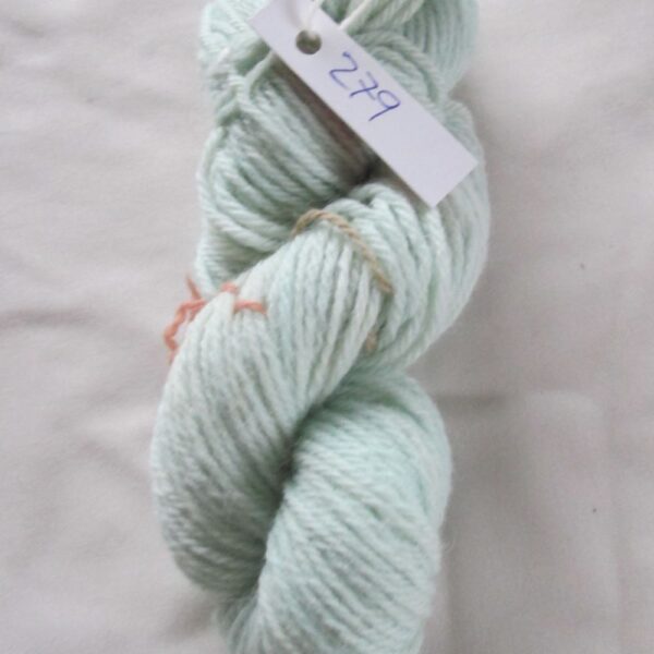 pale blue skein of aran weight yarn on a white background with a label 279