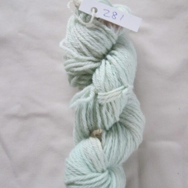 very pale blue skein of aran weight yarn on a white background with a label 281